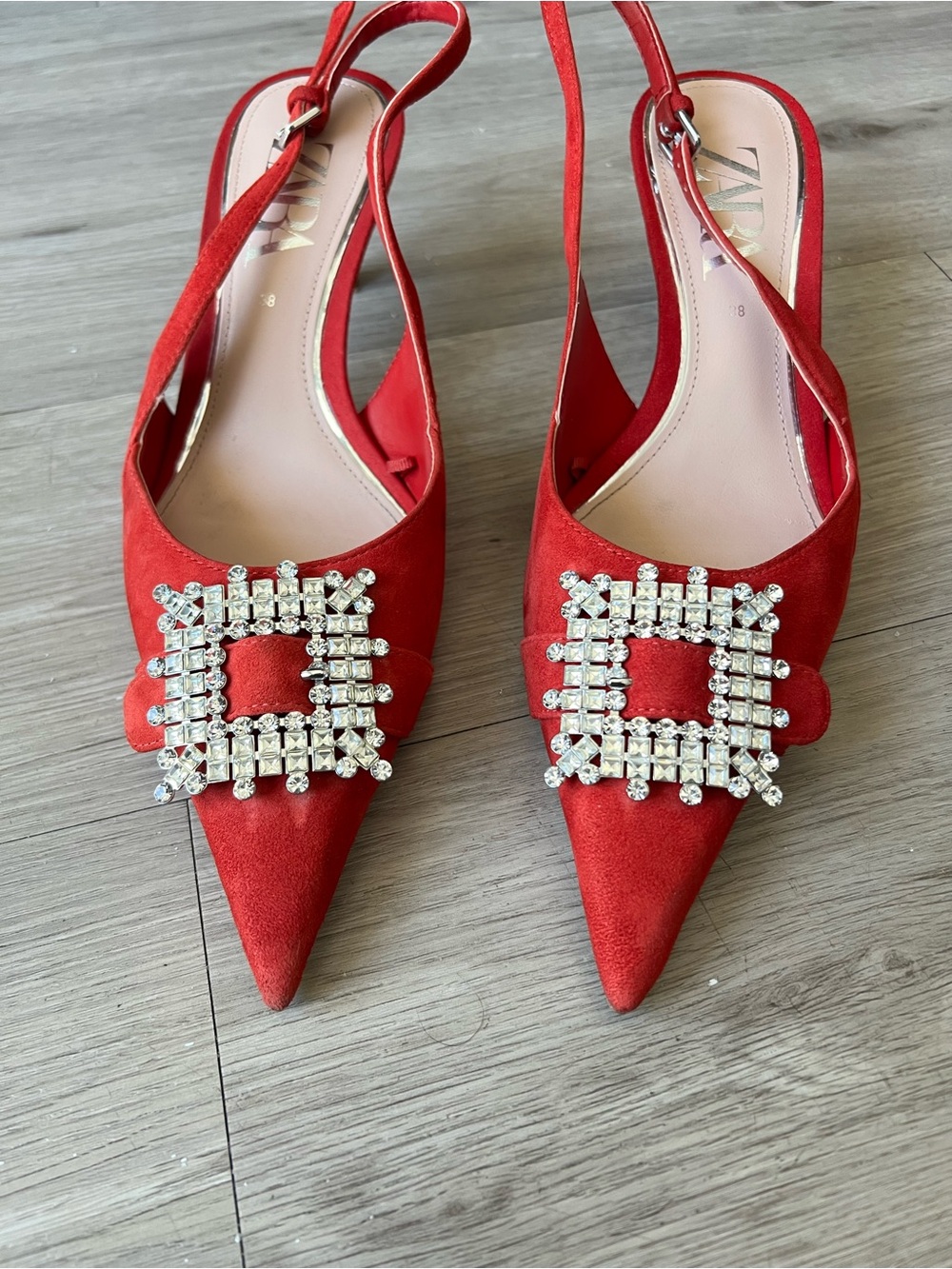 Zara Red Suede Rhinestone Buckle Pointy Toe Sling Backs Sz 38 - Picture 5 of 9